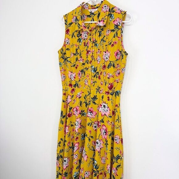 Nanette Lepore Yellow Pink Floral Pleat Chest A Line Sleeveless Shirt Dress - Picture 3 of 16